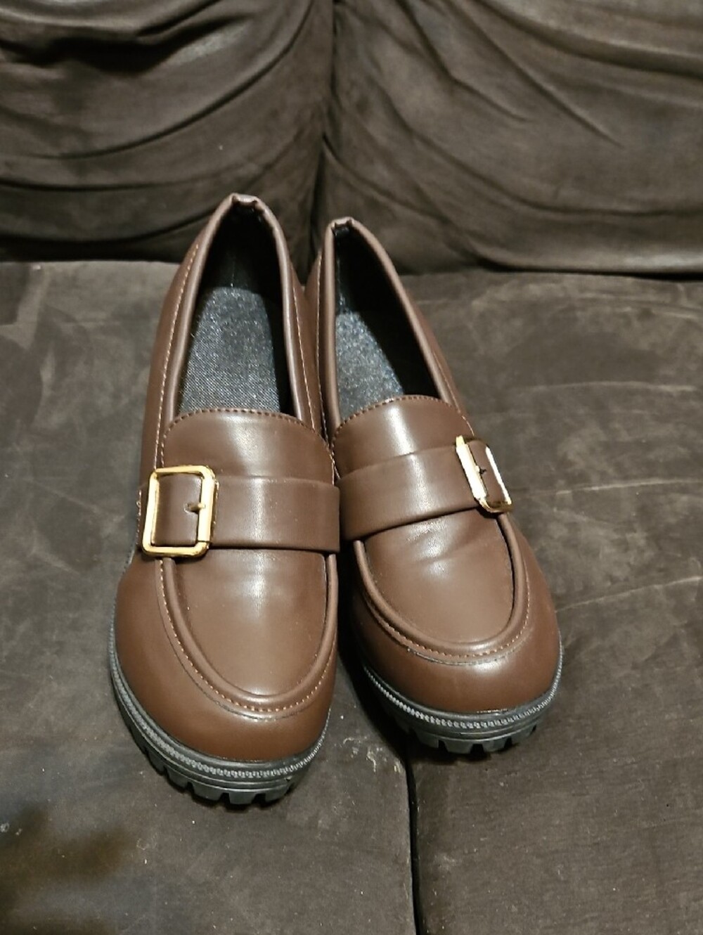 Women's Brown Chunky-Heel Loafer with Gold Buckle - Picture 2 of 7